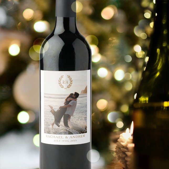 Elegant Monogram Photo Wedding Wreath Gold Wine Label (Creator Uploaded)