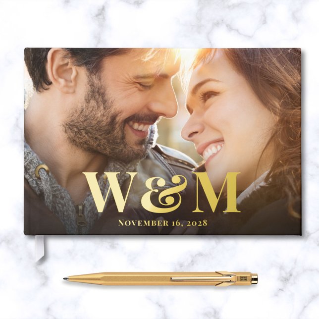 Elegant Monogram Photos Black Wedding Guest Book (Creator Uploaded)