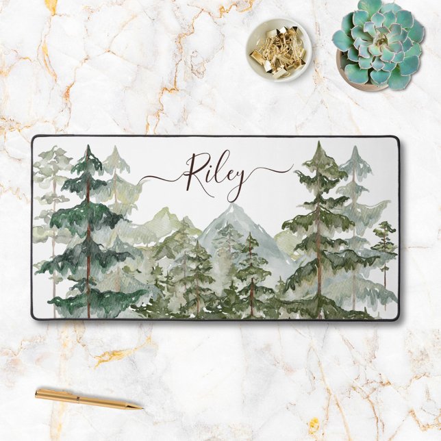 Elegant Monogram Pine Forest Mountain Desk Mat (In situ)