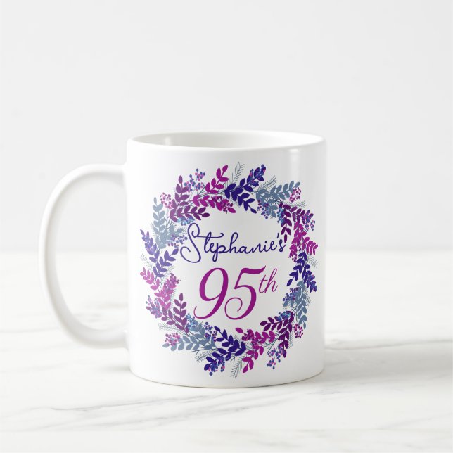 Elegant Monogram Pink and Purple 95th Birthday Coffee Mug (Left)