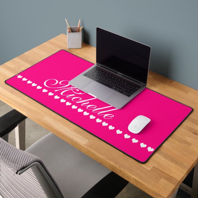 Elegant Monogram Pink and White Hearts Desk Mat (Office 2)