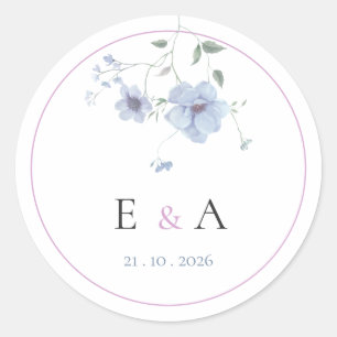 Elegant Monogram Pink & Blue Floral Wedding Classic Round Sticker