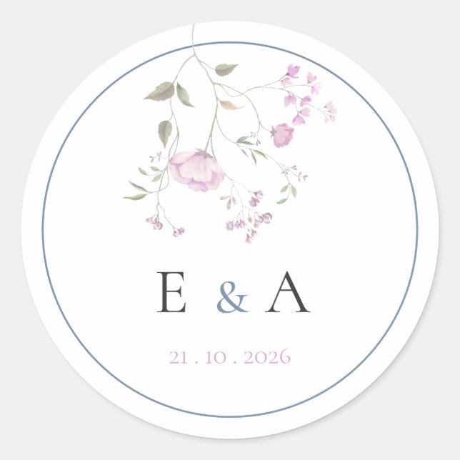 Elegant Monogram Pink & Blue Floral Wedding  Classic Round Sticker (Front)