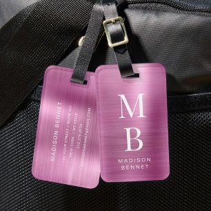 Elegant Monogram Pink Brushed Metallic Luggage Tag