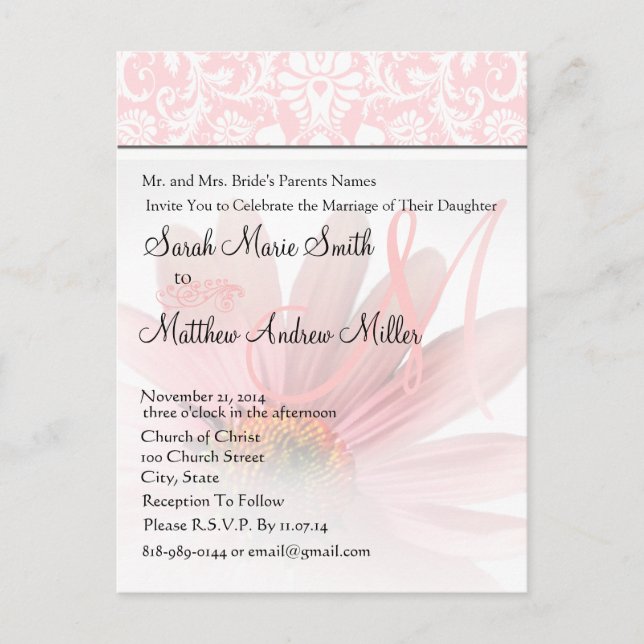 Elegant Monogram Pink Daisy Wedding Invitation (Front)