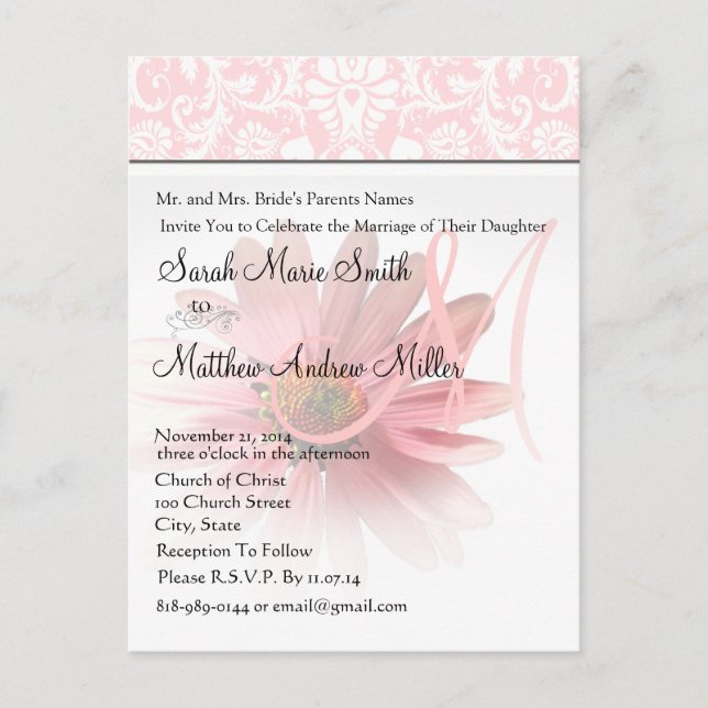 Elegant Monogram Pink Daisy Wedding Invitation Postcard (Front)