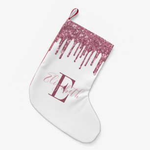 Elegant Monogram Pink Faux Glitter Drips Small Christmas Stocking