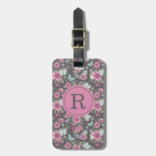 Elegant Monogram Pink Floral Luggage Tag (Front Vertical)