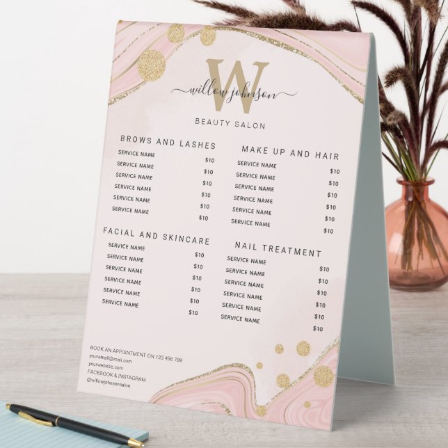 Elegant Monogram Pink Gold Marble Agate Price List (In SItu (Table))