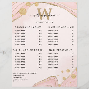 Elegant Monogram Pink Gold Marble Agate Price List Flyer