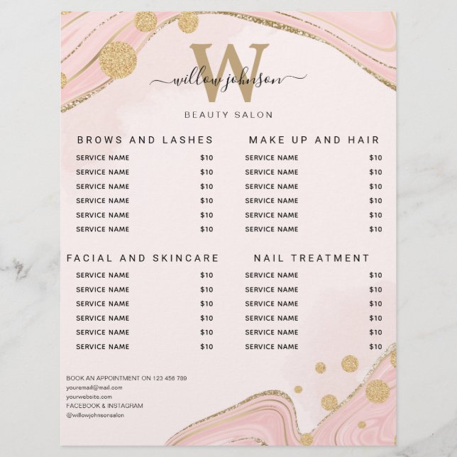 Elegant Monogram Pink Gold Marble Agate Price List Flyer (Front)