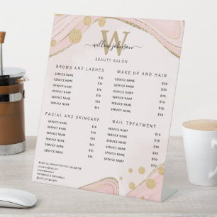 Elegant Monogram Pink Gold Marble Agate Price List Pedestal Sign
