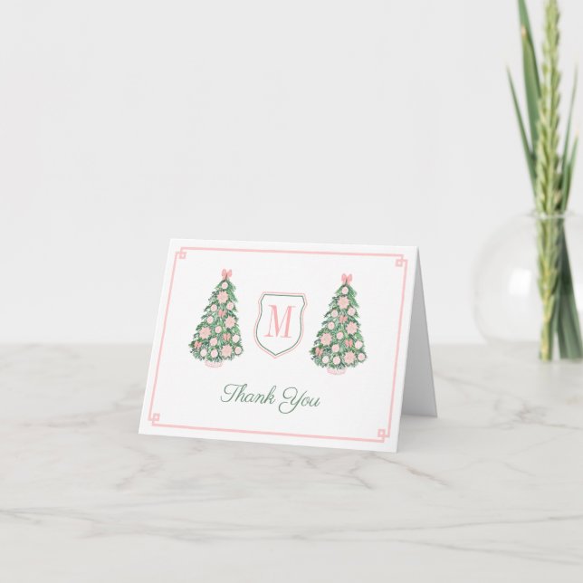 Elegant Monogram Pink Green Christmas Baby Shower Thank You Card (Front)