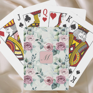 Elegant  Monogram Pink Rose Vintage Floral  Playing Cards
