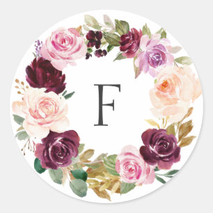 Elegant Monogram Plum Purple Fall Floral Wedding Classic Round Sticker