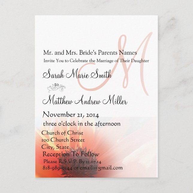 Elegant Monogram Poppy Wedding Invitation Postcard (Front)