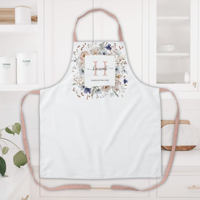 Elegant Monogram Pretty Beige Blue Flowers Floral Apron (In situ)