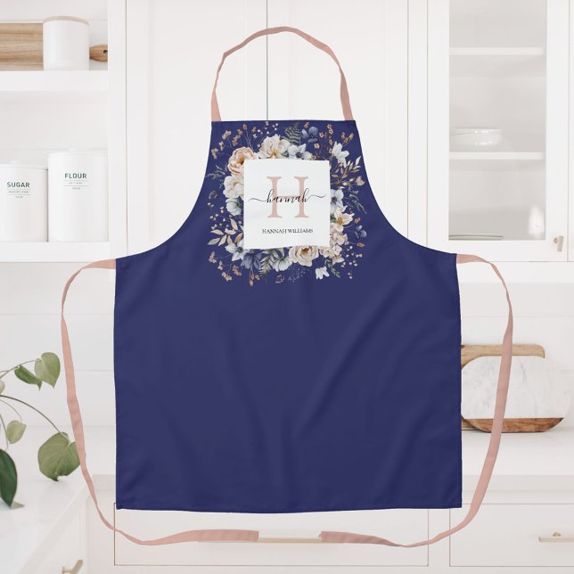Elegant Monogram Pretty Beige Blue Flowers Floral Apron (In situ)