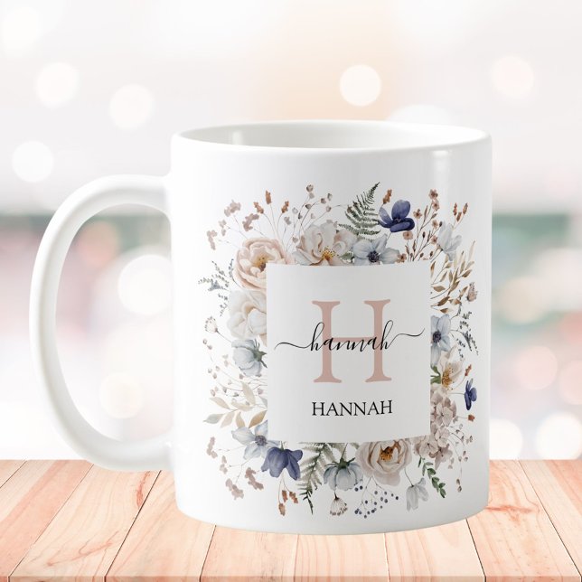 Elegant Monogram Pretty Beige Blue Flowers Floral Coffee Mug (In situ)