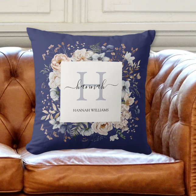 Elegant Monogram Pretty Beige Blue Flowers Floral Cushion (In situ 2)