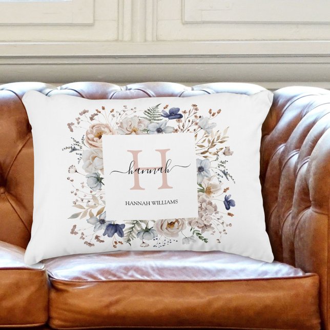Elegant Monogram Pretty Beige Blue Flowers Floral Decorative Cushion (In situ)