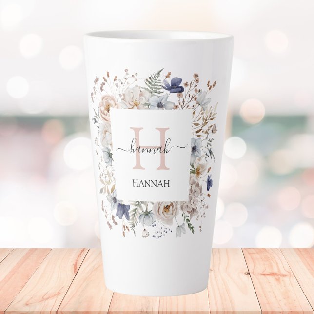 Elegant Monogram Pretty Beige Blue Flowers Floral Latte Mug (In situ)