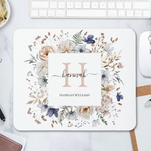 Elegant Monogram Pretty Beige Blue Flowers Floral Mouse Mat