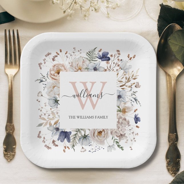Elegant Monogram Pretty Beige Blue Flowers Floral Paper Plate (In situ)