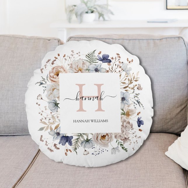 Elegant Monogram Pretty Beige Blue Flowers Floral Round Cushion (In situ)