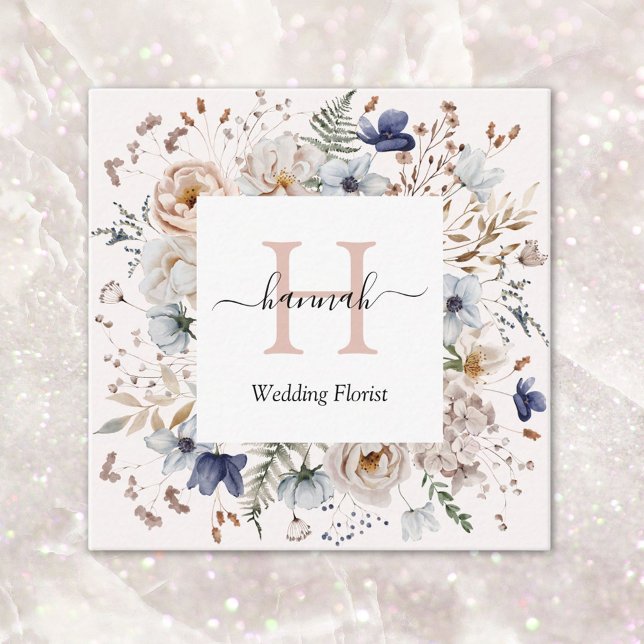 Elegant Monogram Pretty Beige Blue Flowers Floral Square Business Card (Close up)