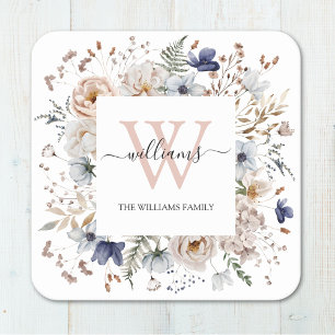 Elegant Monogram Pretty Beige Blue Flowers Floral Square Paper Coaster