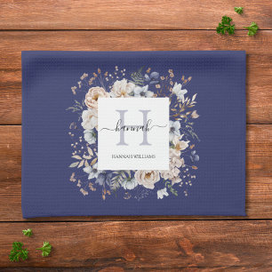 Elegant Monogram Pretty Beige Blue Flowers Floral  Tea Towel