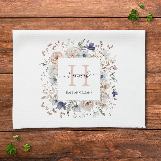Elegant Monogram Pretty Beige Blue Flowers Floral  Tea Towel (In situ)