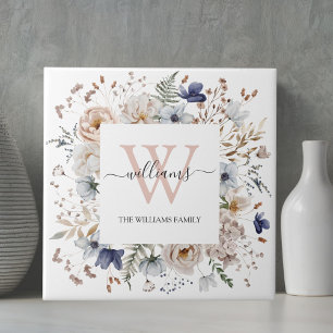 Elegant Monogram Pretty Beige Blue Flowers Floral Tile
