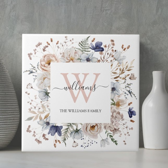 Elegant Monogram Pretty Beige Blue Flowers Floral Tile (In situ)