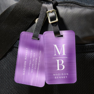 Elegant Monogram Purple Brushed Metallic Luggage Tag