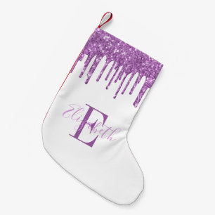 Elegant Monogram Purple Faux Glitter Drips Small Christmas Stocking