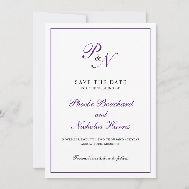 Elegant Monogram Purple Formal Wedding Save The Date (Front)