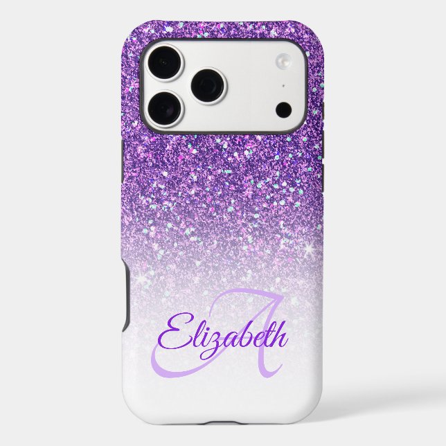 Elegant Monogram Purple Glitter Ombre First Name (Back)