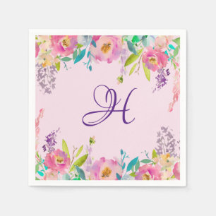 Elegant Monogram Purple Pink Spring Floral Napkin