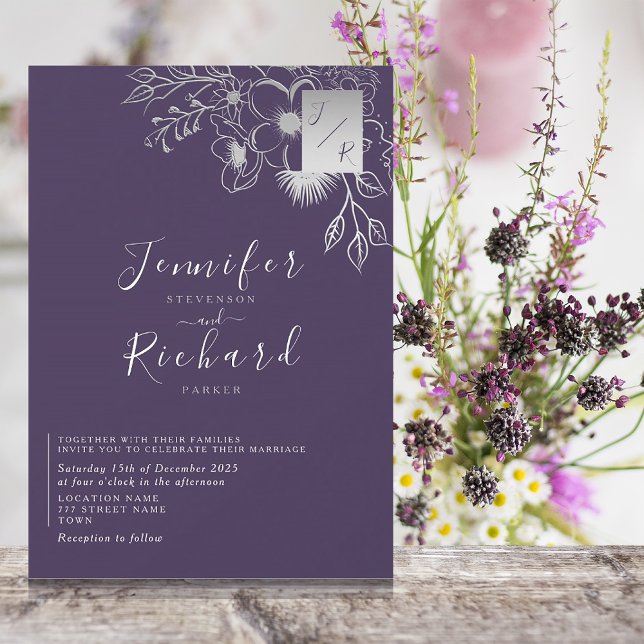 Elegant Monogram Purple Wedding Invitation (Creator Uploaded)