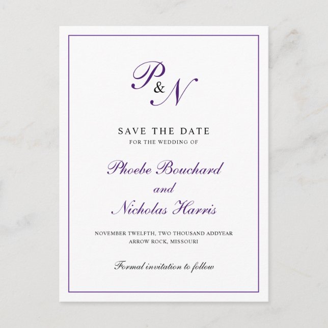 Elegant Monogram Purple Wedding Save the Date Announcement Postcard (Front)