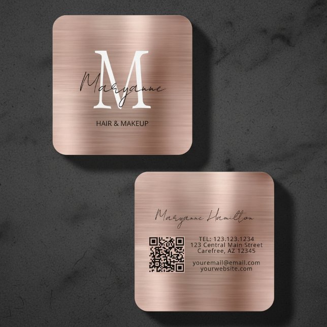 Elegant Monogram QR Blush Pink Square Business Card (Creator Uploaded)