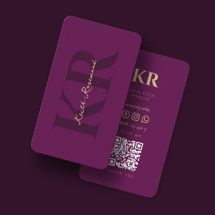 Elegant Monogram QR Code Professional Dark Purple Business Card