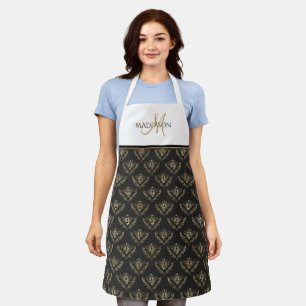 Elegant Monogram, Queen Bee, Black and Gold Apron