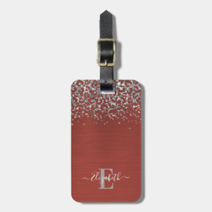 Elegant Monogram Red Brushed Metal Luggage Tag
