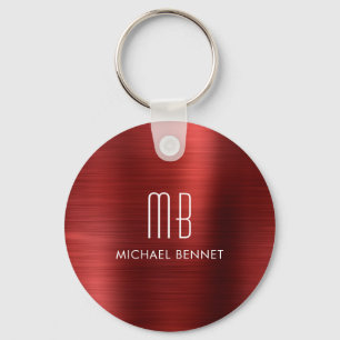 Elegant Monogram Red Faux Brushed Metal Keychain