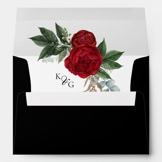 Elegant Monogram Red Floral Black & White Wedding Envelope (Back (Bottom))