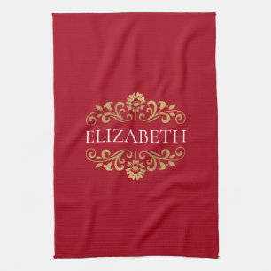 Elegant Monogram Red Gold Christmas Kitchen Towel