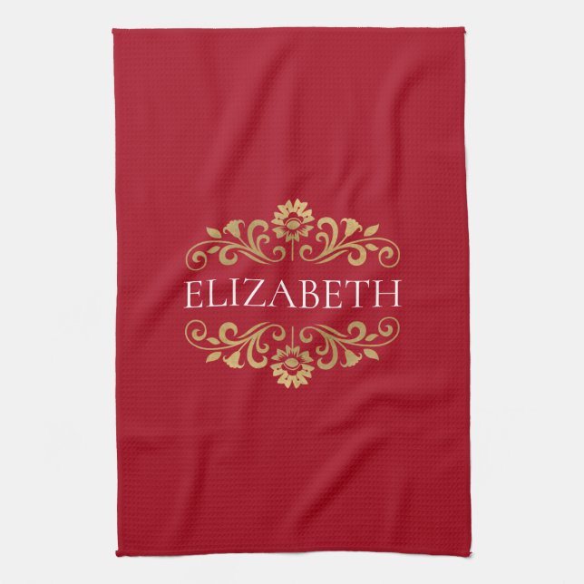 Elegant Monogram Red Gold Christmas Kitchen Towel (Vertical)